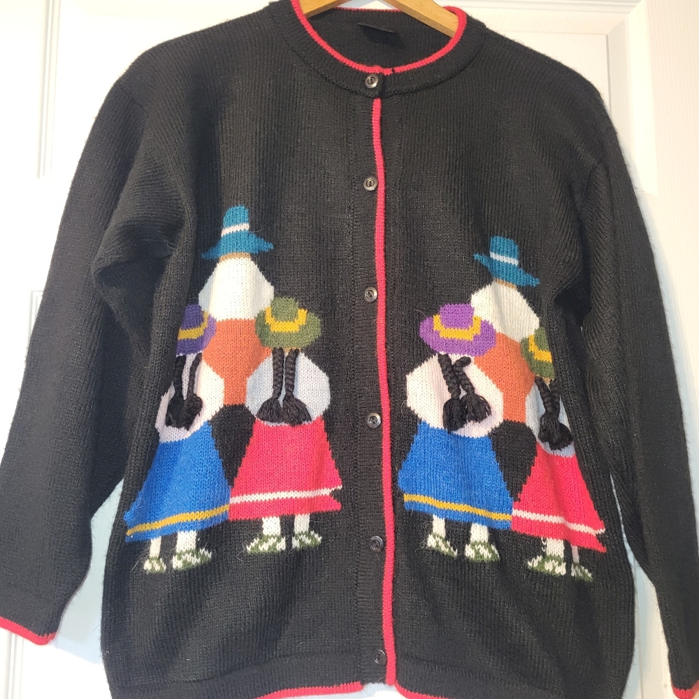 Peruvian Alpaca Wool Folk Art Cardigan Sweater‎ Women's Size Medium
